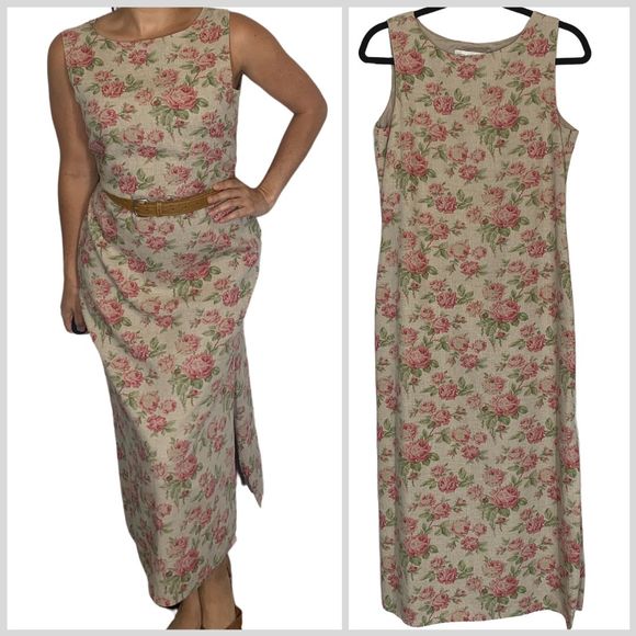 Petite Sophisticate Dresses & Skirts - Vintage Floral Maxi Dress Linen Blend Sleeveless